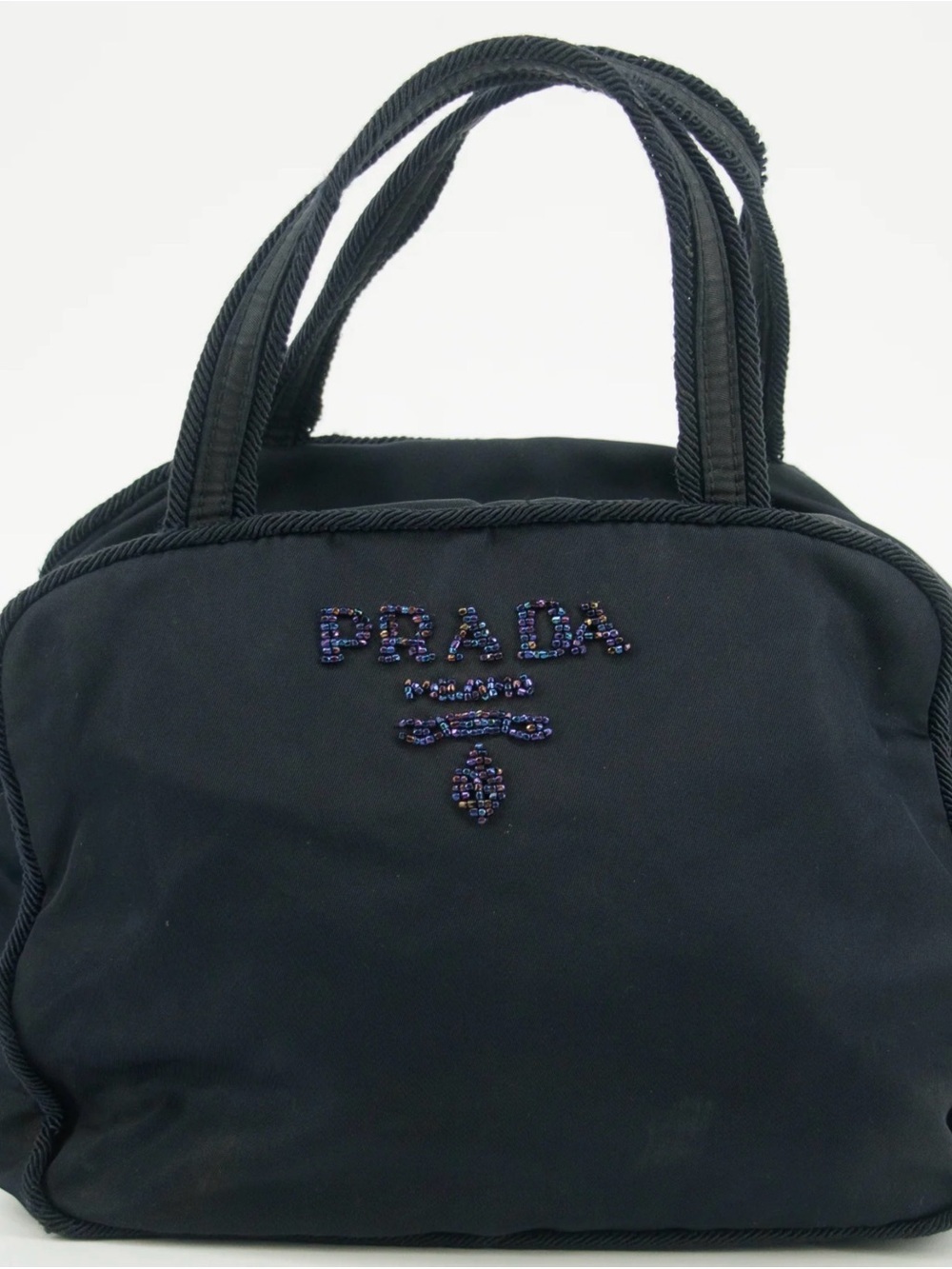 Prada Black Y2K Nylon Shoulder Bag RARE Iridescent Beaded Logo Authentic